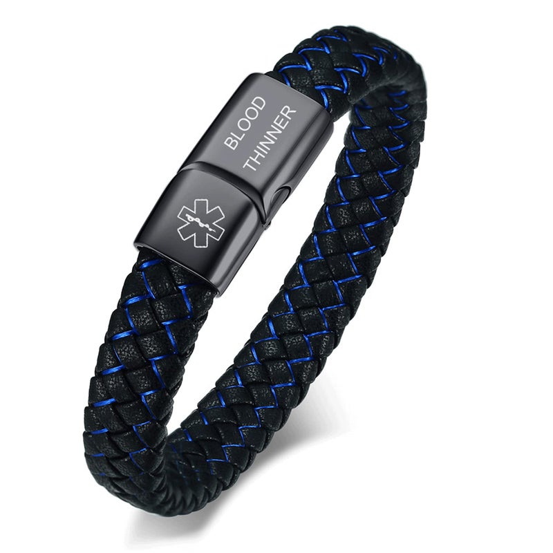 VNOX Medical Alert ID Blood THINNER Blue&Black Braided Leather Stainless Steel Cuff Bracelet - Image 1